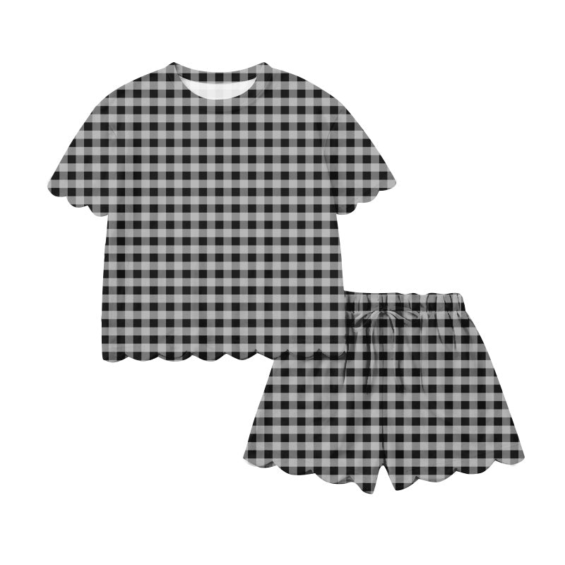 Pre-order no moq GSSO3215 adult clothes summer black plaid short sleeve shorts set-26.1.16