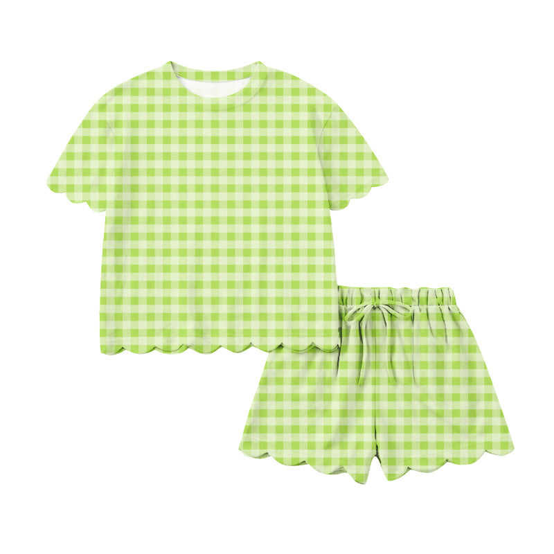 Pre-order no moq GSSO3222 adult clothes summer green plaid short sleeve shorts set-26.1.16