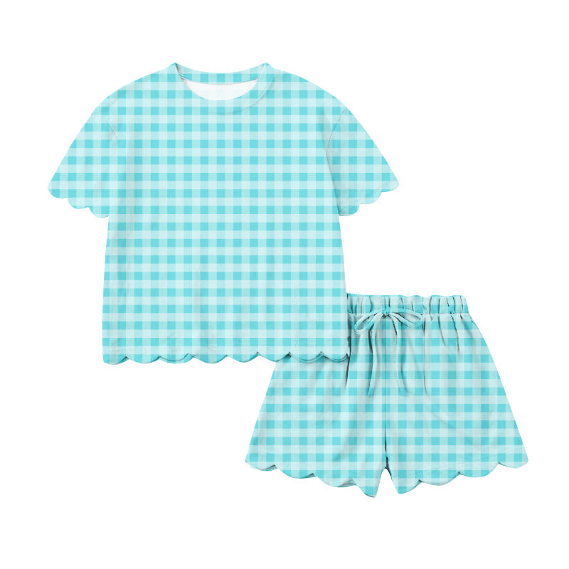 Pre-order no moq GSSO3223 adult clothes summer teal plaid short sleeve shorts set-26.1.16