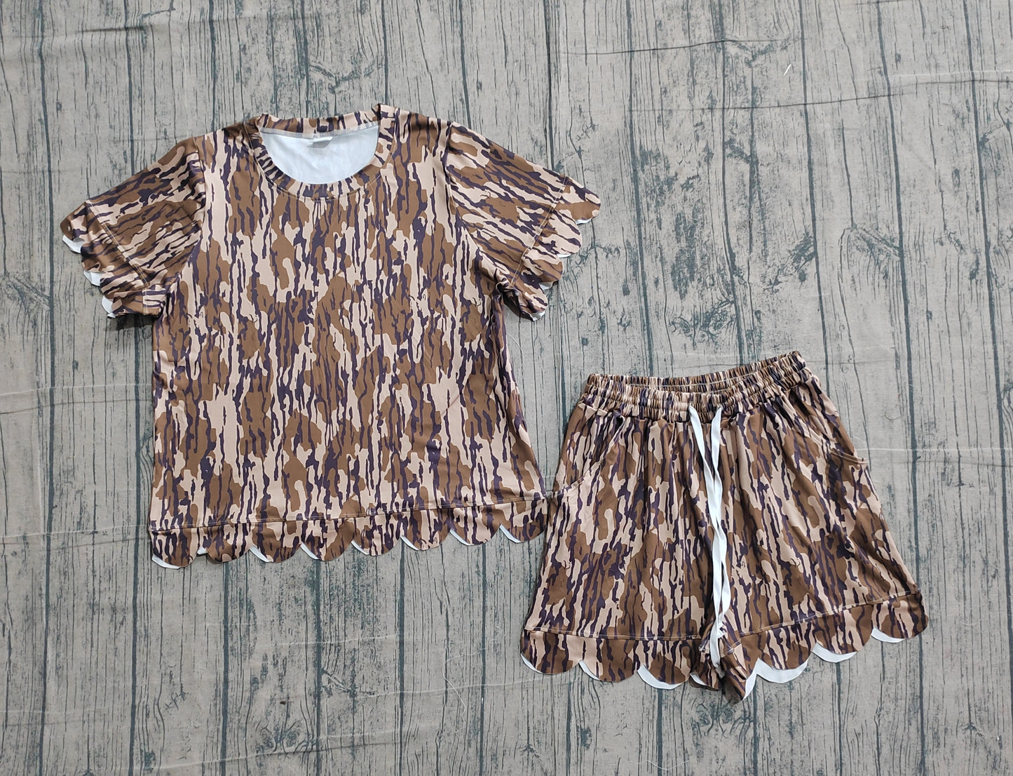 GSSO3231 Preorder Sample Adult Women Southern Olive Camo Top Scallop Short Clothes Sets