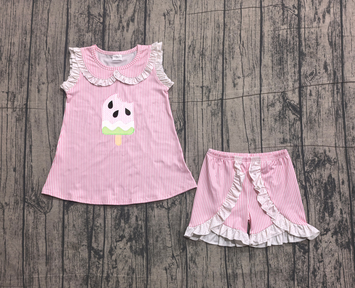 GSSO3238 Preorder Sample Baby Girl Pink Stripe Popsicle Collar Tunic Ruffle Shorts Clothes Sets