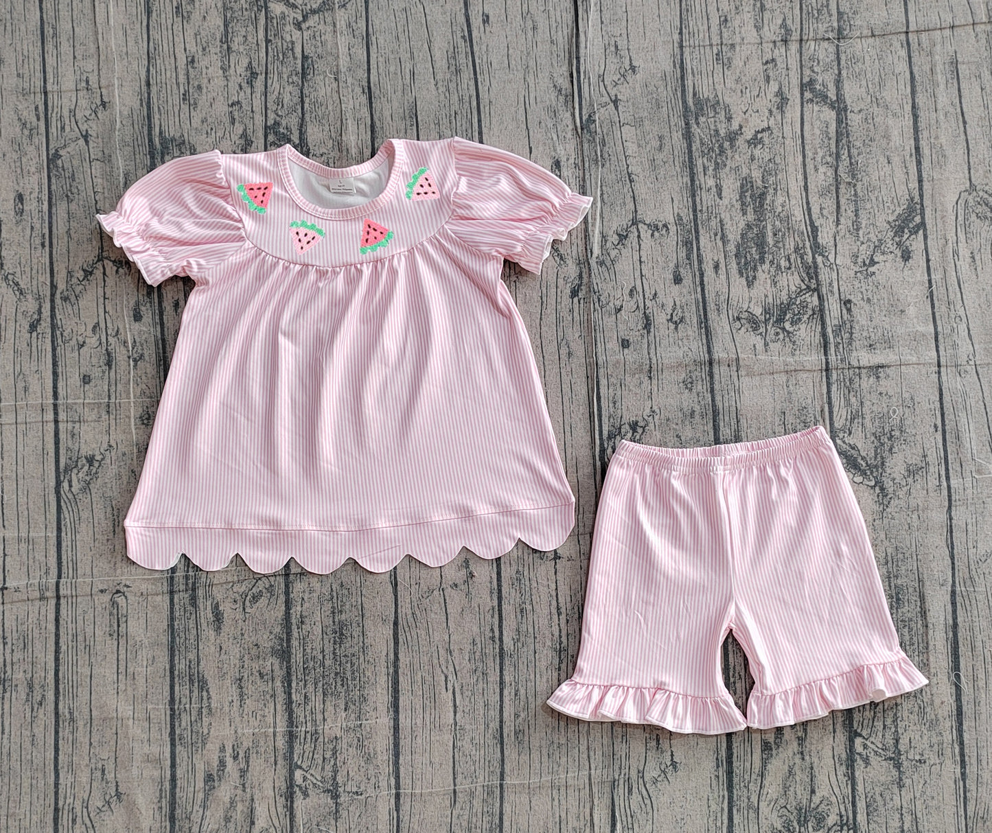 GSSO3239 Preorder Sample Embroidery Watermelons Baby Girl Scallop Tunic Ruffle Shorts Clothes Sets