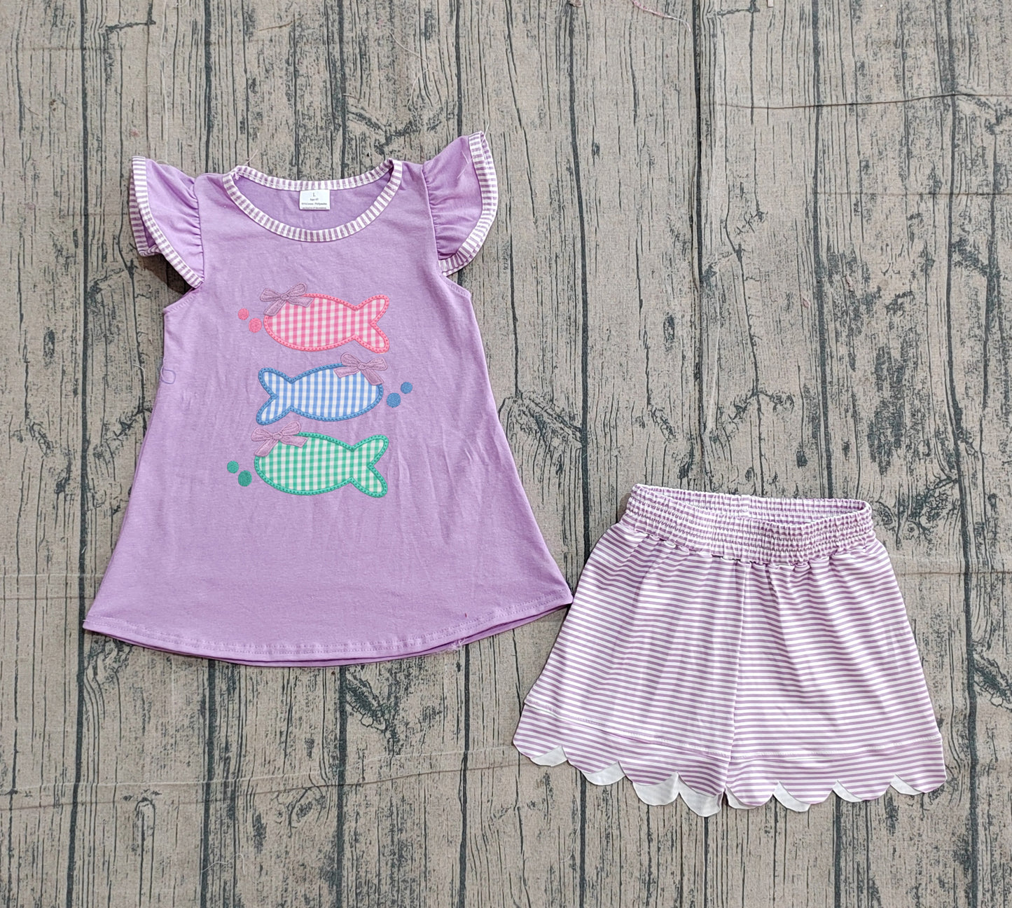 GSSO3242 Preorder Sample Baby Girl Embroidery Fishes Tunic Scallop Stripe Shorts Hunting Clothes Sets