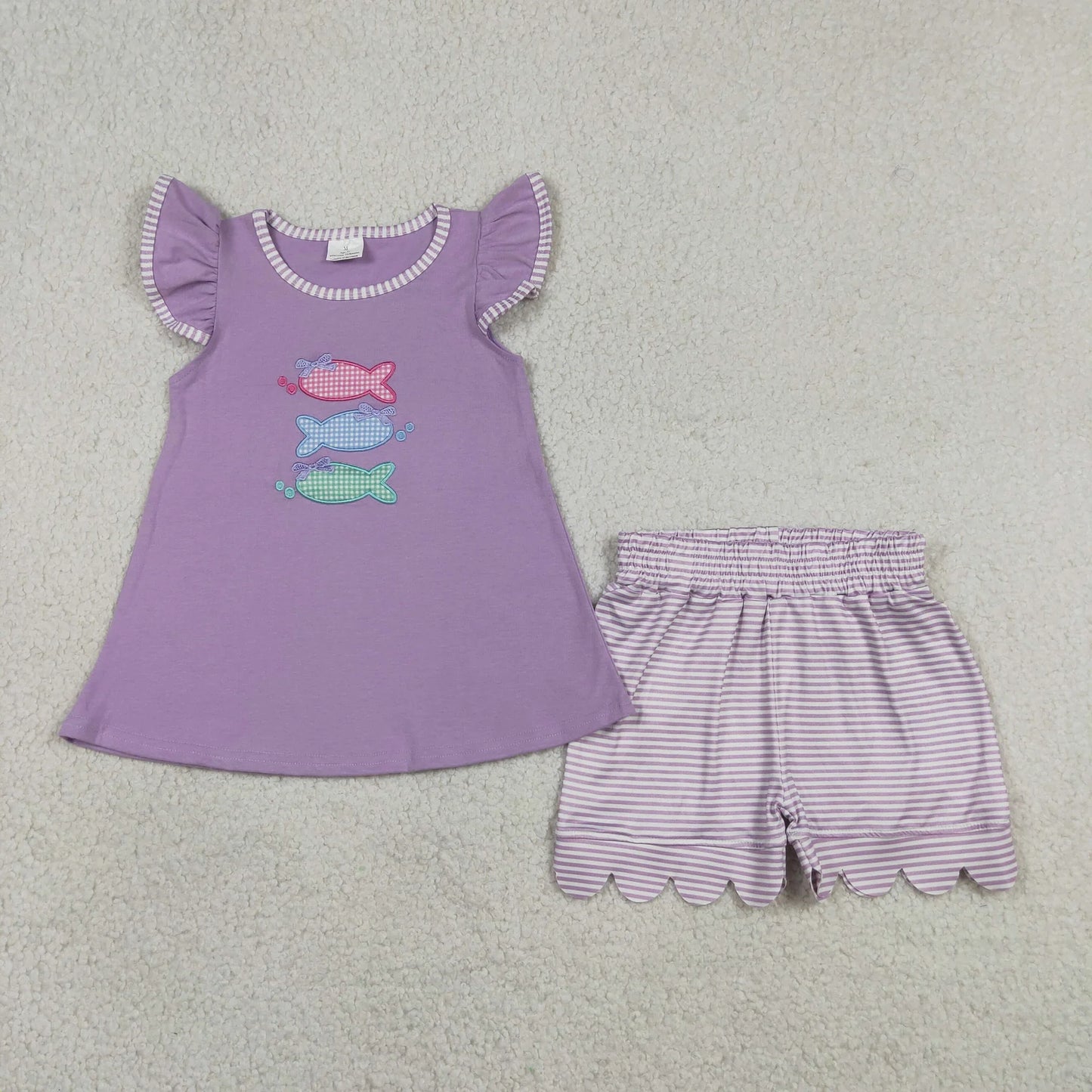 GSSO3242 Baby Girl Embroidery Fishes Tunic Scallop Stripe Shorts Hunting Clothes Sets