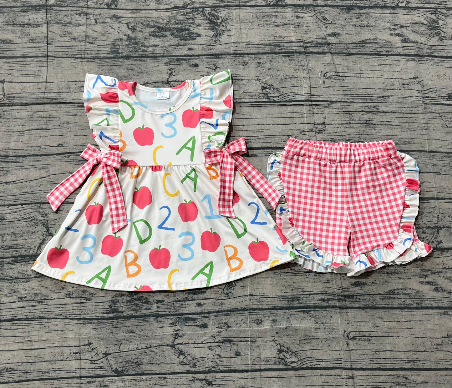 GSSO3258 Preorder Sample Baby Girl Apples ABC Tunic Checked Ruffle Shorts Back to School Sets
