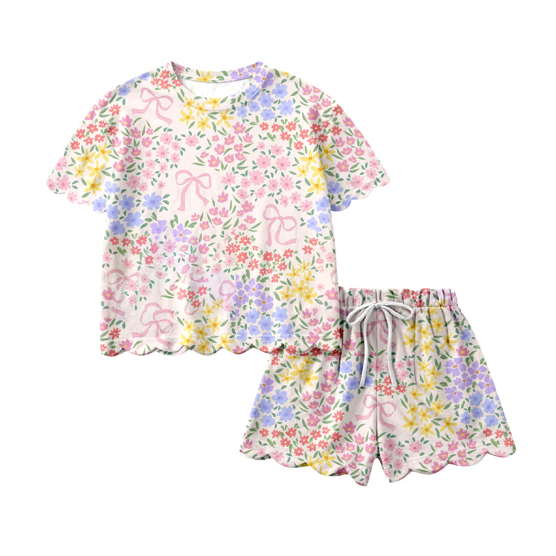 Pre-order no moq GSSO3270 pre-order scallop baby girl clothes floral bow short sleeve shorts summer outfit-26.1.21