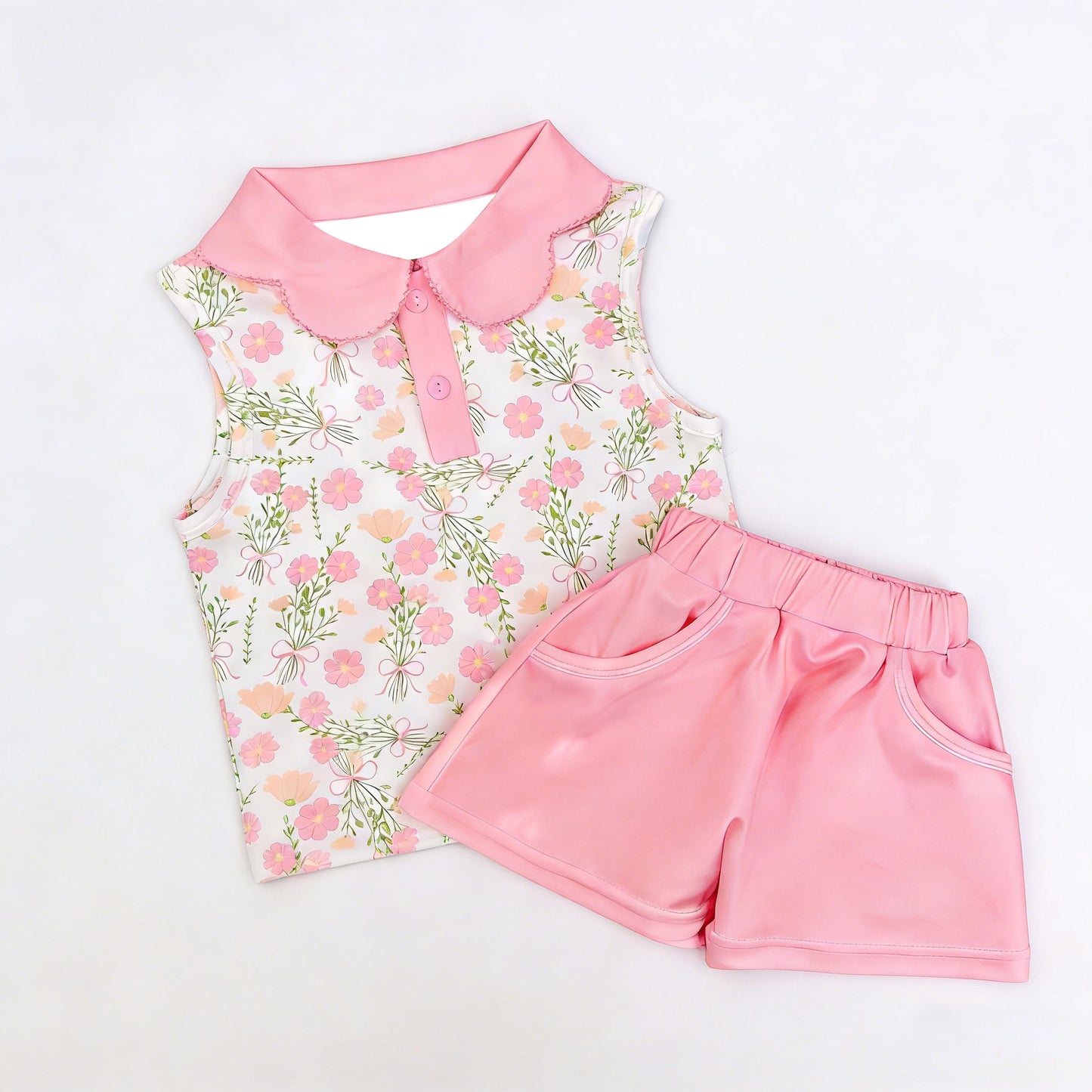 Pre-order no moq GSSO3279 pre-order baby girl clothes floral sleeveless shorts summer outfit-26.1.22