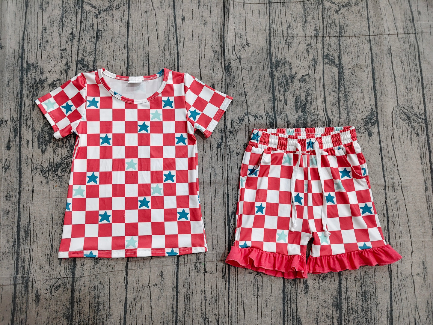GSSO3293 Preorder Sample Baby Girls Red Checked Stars Top Pockets Ruffle Shorts 4th of July Clothes Sets