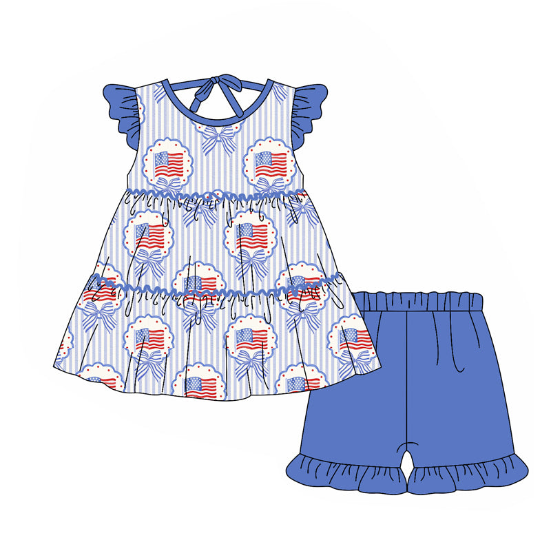 Pre-order no moq GSSO3296 pre-order baby girl clothes flag bow flying sleeve shorts summer outfit-26.1.24