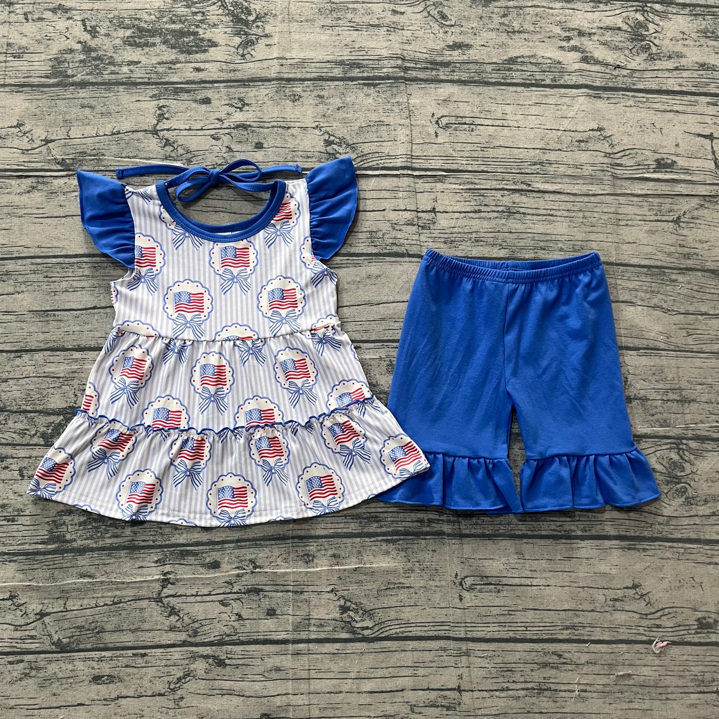 GSSO3296 Preorder Sample Baby Girl Blue Stripe Bows Flags Tunic Ruffle Short 4th of July Clothes Sets
