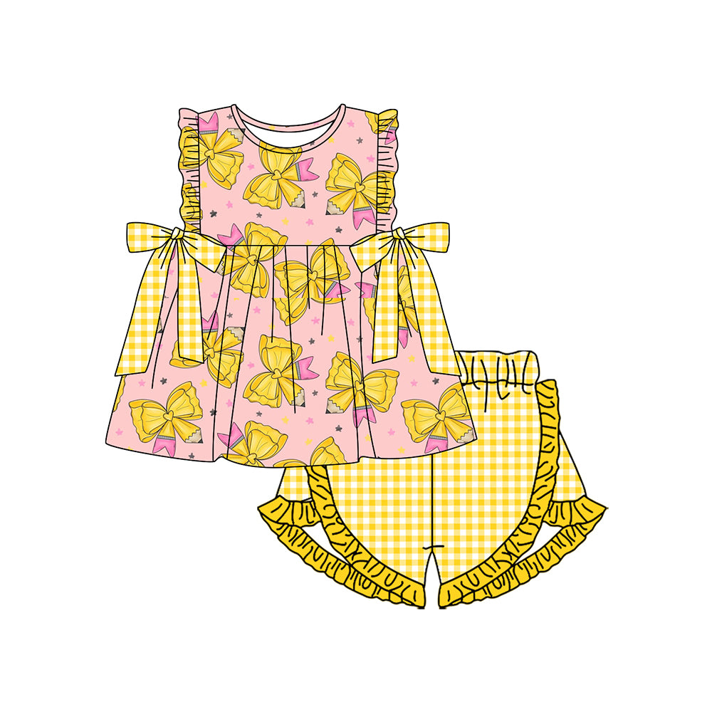 Pre-order no moq Baby Girl Sleeveless Pencil Bows Back To School Plaid Clothes Set GSSO3301