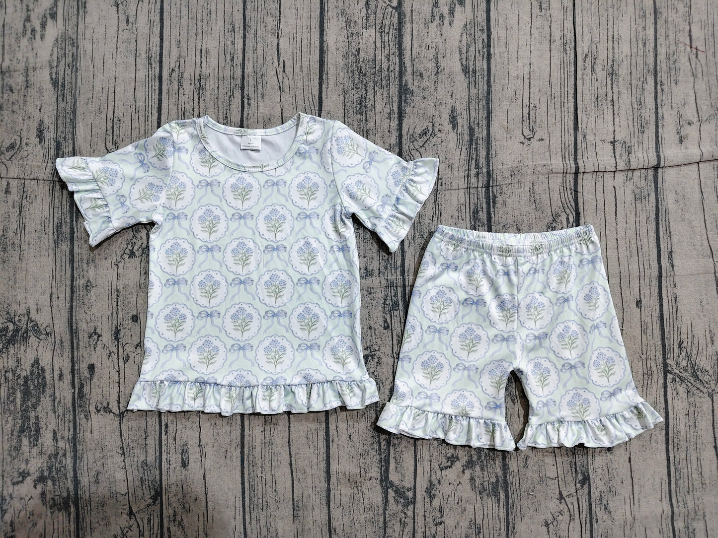 GSSO3323 Preorder Sample Baby Girls Blue Bows Flowers Top Ruffle Shorts Pajamas Clothes Sets