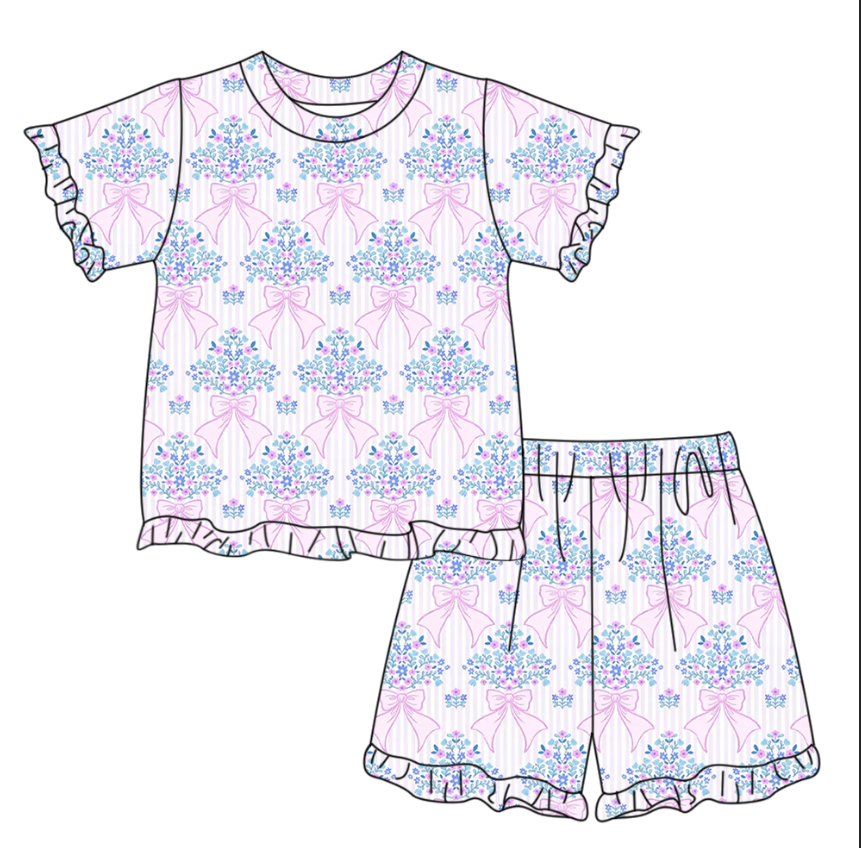 GSSO3324 Preorder Baby Girl Pink Stripe Bow Flowers Top Ruffle Shorts Pajamas Clothes Sets