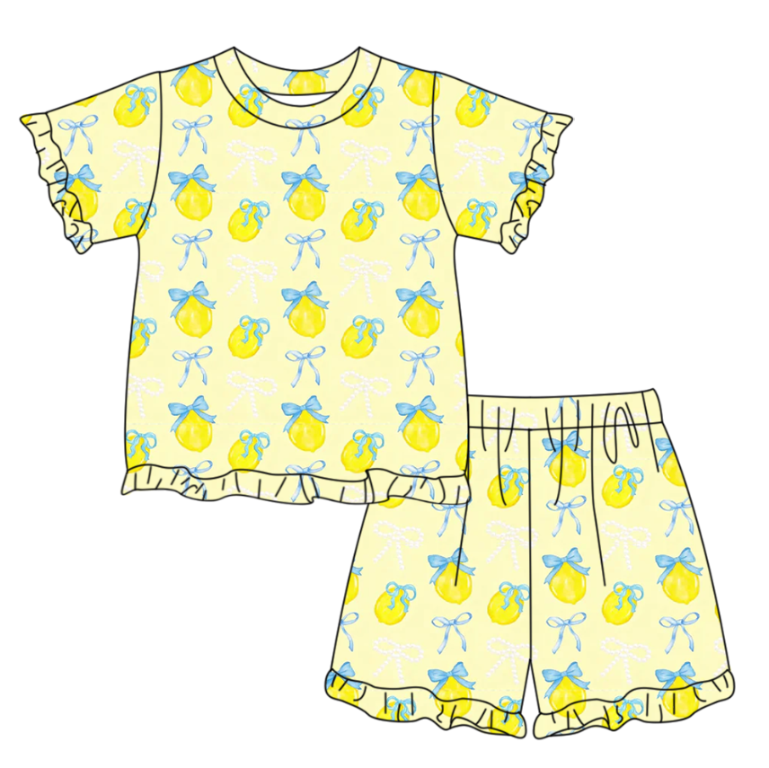 GSSO3326 Preorder Baby Girl Bows Lemons Top Ruffle Shorts Pajamas Clothes Sets