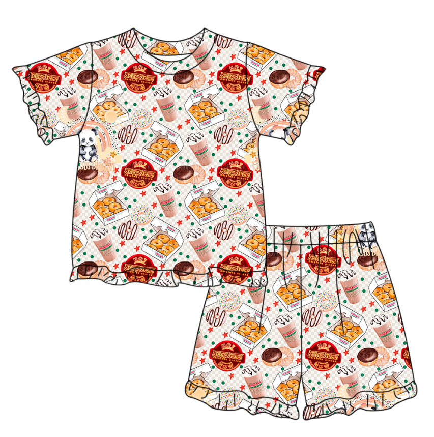 GSSO3328 Preorder Baby Girl Donuts Coffee Top Ruffle Shorts Pajamas Clothes Sets