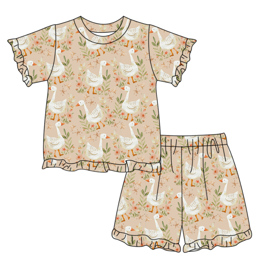 GSSO3329 Preorder Baby Girl Flowers Gooses Top Ruffle Shorts Pajamas Clothes Sets