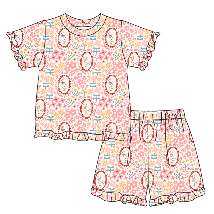 GSSO3331 Preorder Baby Girl Flower Gooses Stripe Top Ruffle Shorts Pajamas Clothes Sets