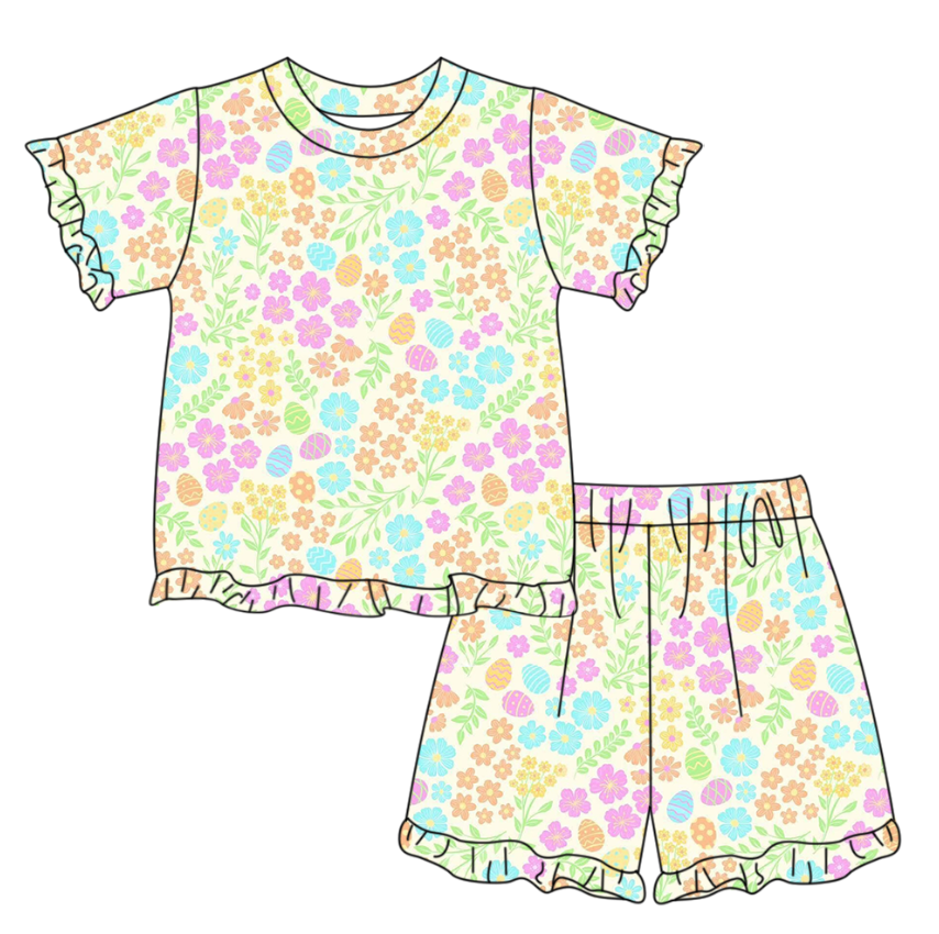 GSSO3332 Preorder Baby Girl Colorful Flower Eggs Stripe Top Ruffle Short Pajamas Easter Clothes Sets