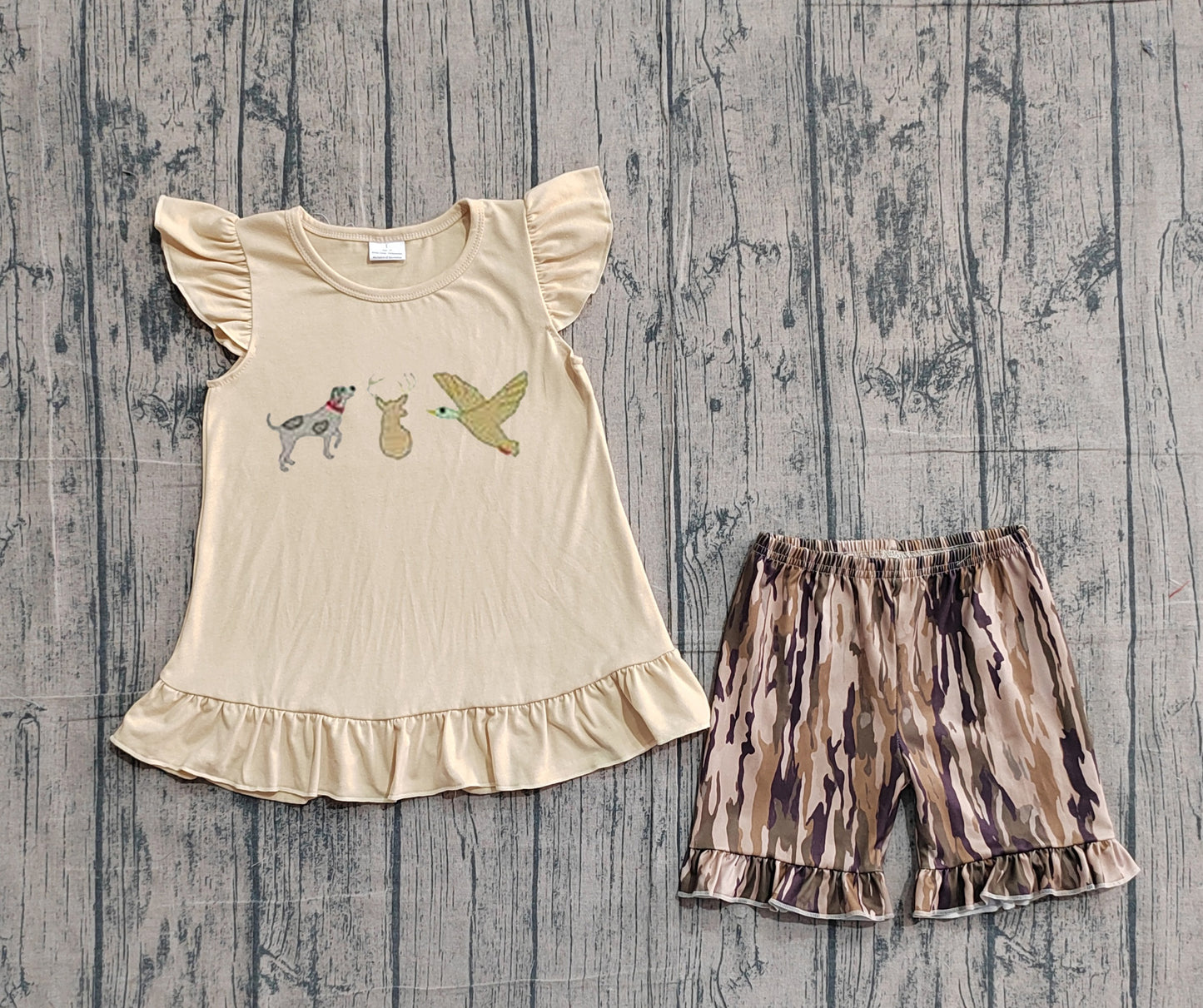 GSSO3335 Preorder IRL Embroidery Dog Ducks Deer Baby Girls Tunic Olive Camo Ruffle Shorts Hunting Clothes Sets