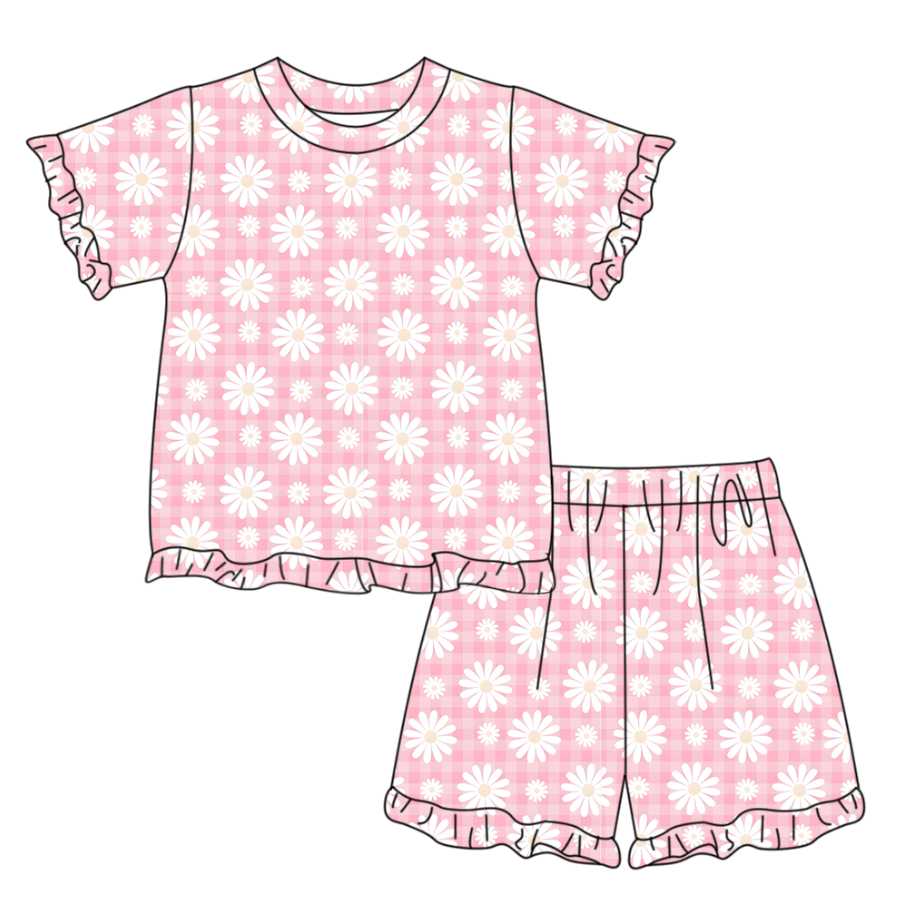 GSSO3336 Preorder Baby Girl Short Sleeve Pink Checked Daisy Flowers Top Ruffle Short Clothes Set