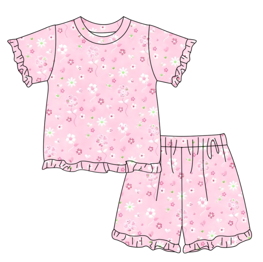 GSSO3337 Preorder Baby Girls Short Sleeve Pink Daisy Flowers Top Ruffle Short Clothes Set