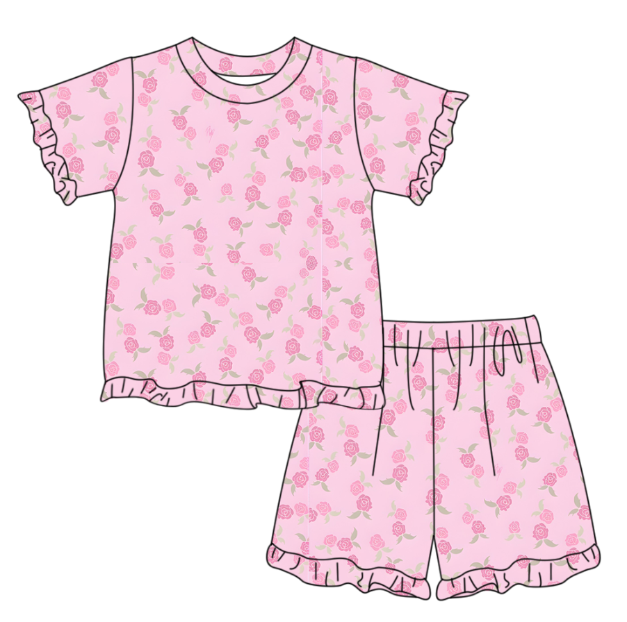 GSSO3338 Preorder Baby Girl Short Sleeve Pink Flowers Top Ruffle Short Clothes Set