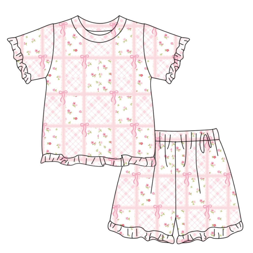 GSSO3339 Preorder Baby Girl Short Sleeve Pink Bow Flowers Checked Top Ruffle Short Clothes Set