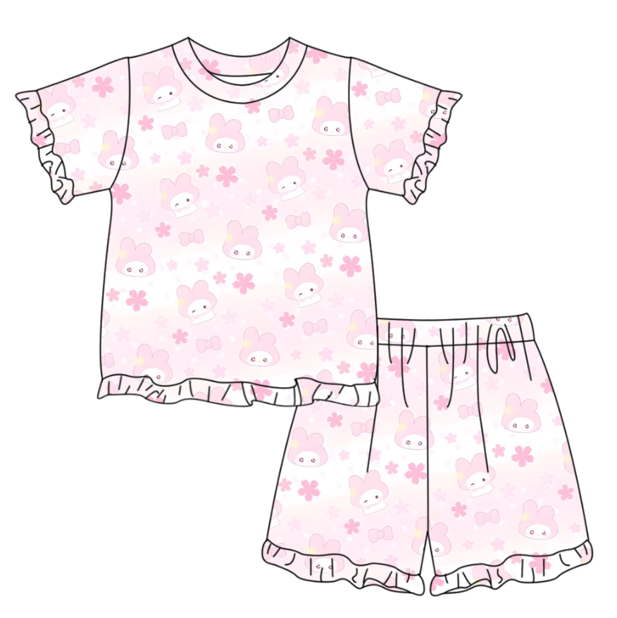 GSSO3344 Preorder Baby Girl Short Sleeve Pink Flower Rabbits Top Ruffle Short Easter Clothes Set