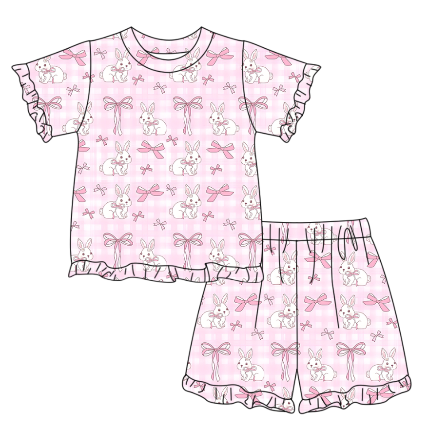 GSSO3345 Preorder Baby Girl Short Sleeve Pink Checked Bow Rabbits Top Ruffle Short Easter Clothes Set