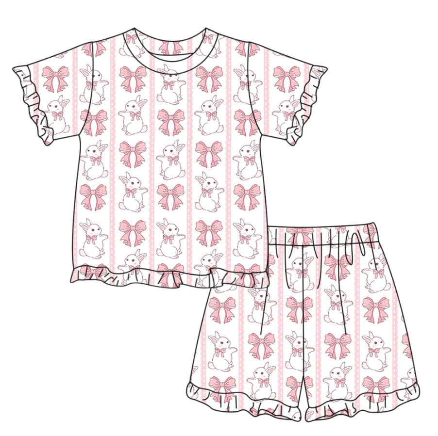 GSSO3346 Preorder Baby Girl Short Sleeve Pink Bow Rabbits Stripe Top Ruffle Short Easter Clothes Set
