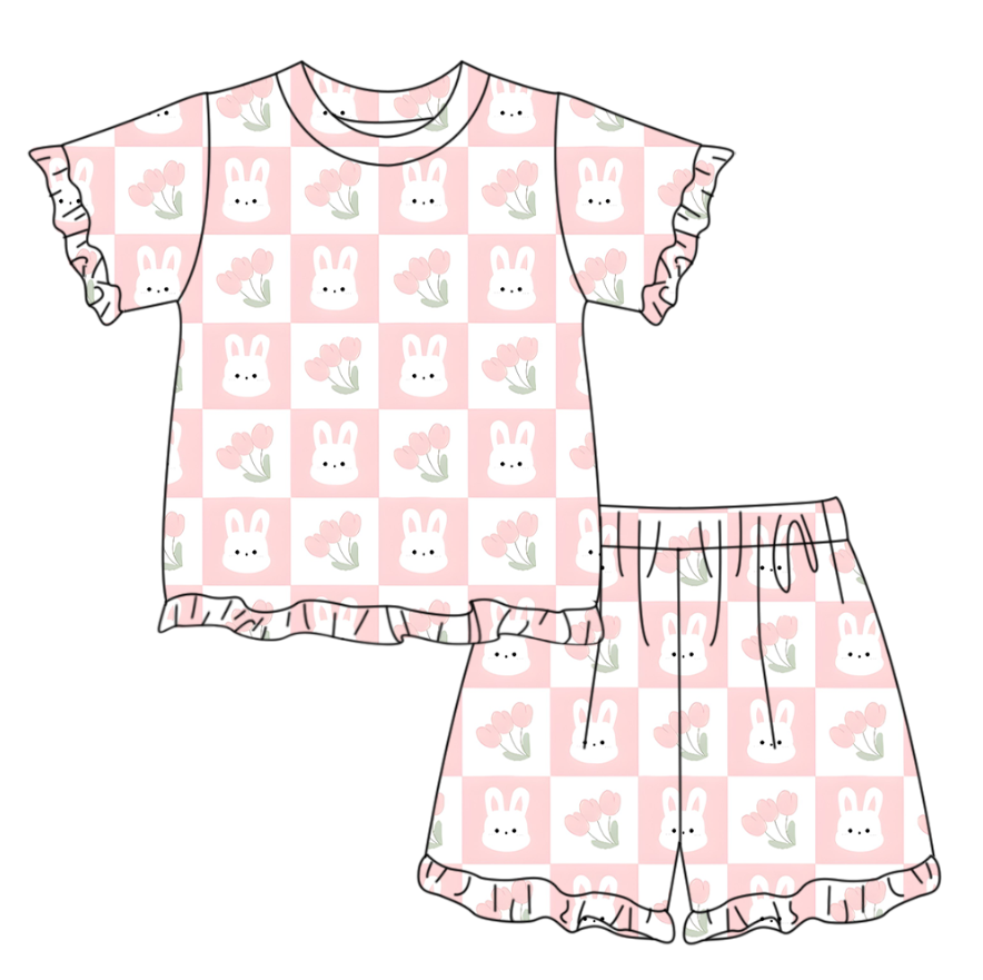 GSSO3347 Preorder Baby Girl Short Sleeve Flower Rabbits Checked Top Ruffle Short Easter Clothes Set