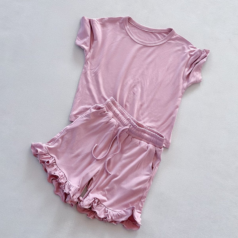 GSSO3348 Preorder Baby Girl Short Sleeve Pink Shirt Top Ruffle Short Clothes Set