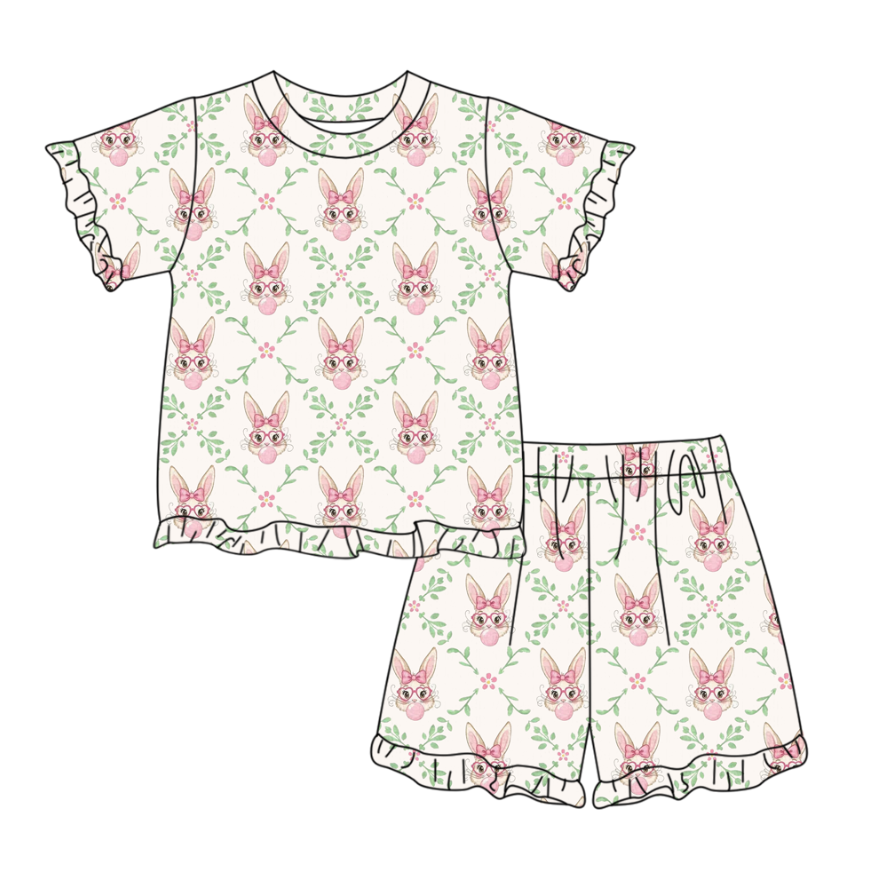 GSSO3357 Preorder Baby Girl Flower Rabbits Checked Top Ruffle Shorts Easter Pajamas Sets