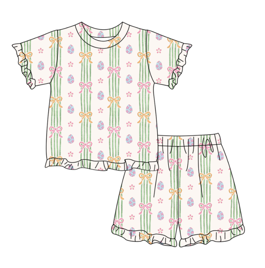 GSSO3358 Preorder Baby Girl Bows Eggs Stripe Top Ruffle Shorts Easter Pajamas Sets