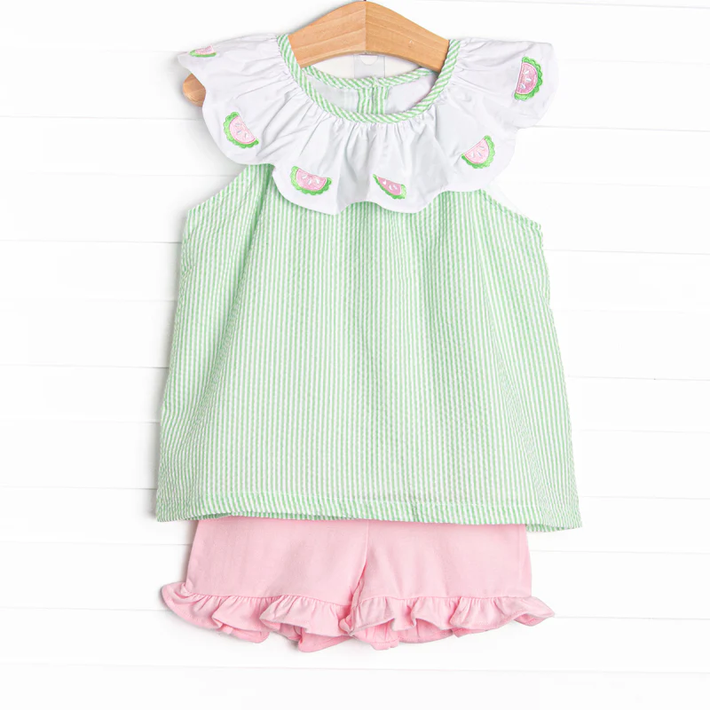GSSO3361 Preorder Baby Girl Watermelons Collar Stripe Tunic Ruffle Shorts Clothes Sets