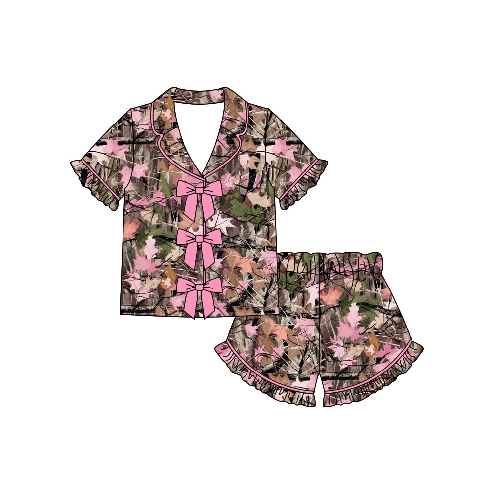 GSSO3364 Preorder Baby Girl Southern Leaves Camo Button Top Ruffle Shorts Hunting Pajamas Sets