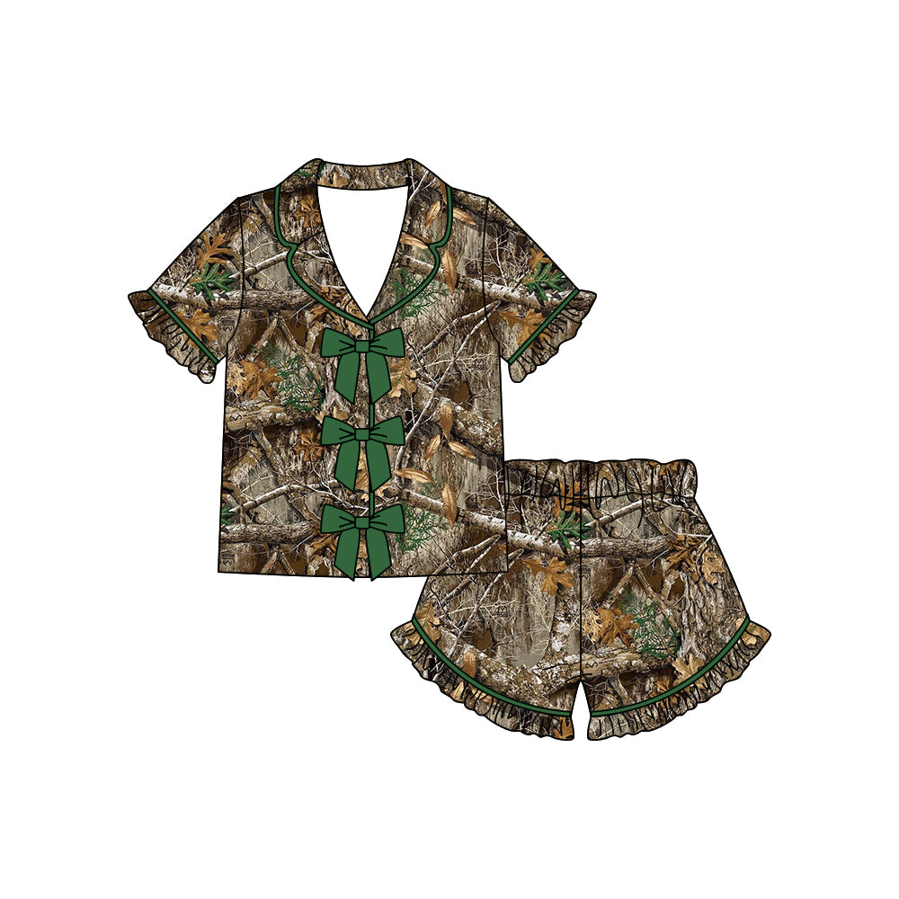 GSSO3365 Preorder Baby Girl Southern Leaves Camo Button Top Ruffle Shorts Hunting Pajamas Sets