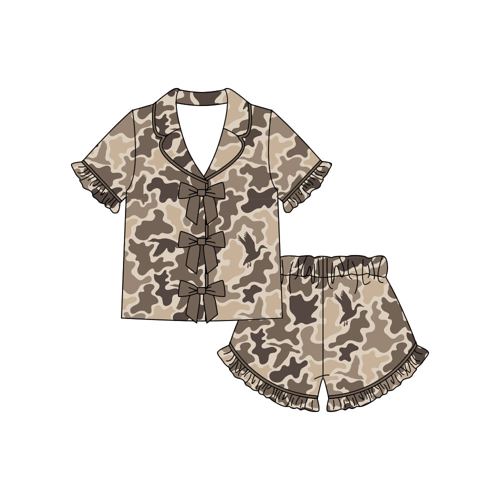 GSSO3368 Preorder Baby Girl Southern Khaki Ducks Camo Button Top Ruffle Shorts Hunting Pajamas Sets