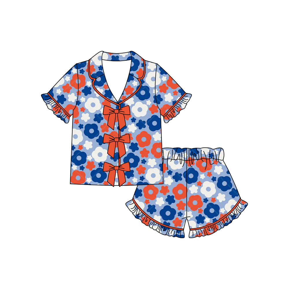 GSSO3372 Preorder Baby Girl Flowers Button Top Ruffle Shorts 4th of July Pajamas Sets