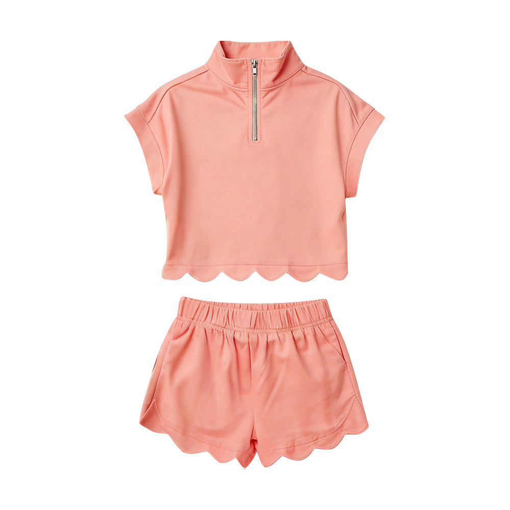 GSSO3374 Preorder Baby Girl Peach Zipper Scallop Pullover Top Pockets Short Checked Set
