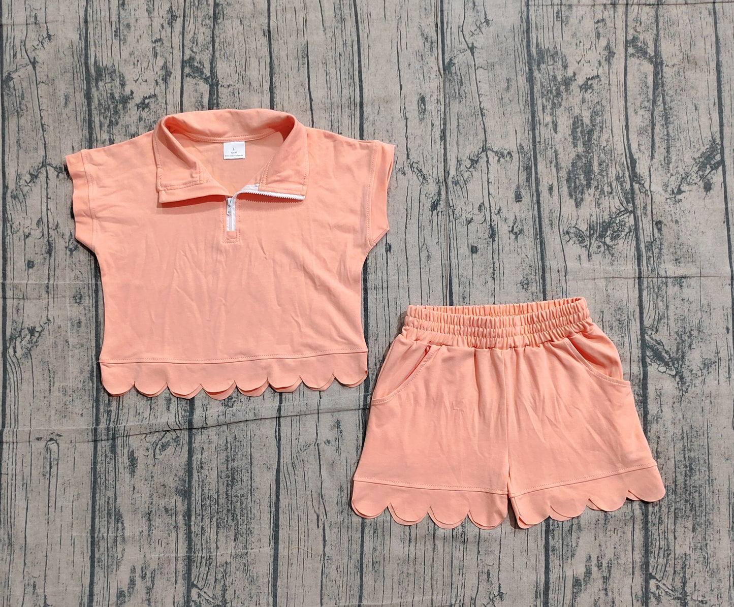GSSO3374 Preorder Sample Baby Girl Peach Zipper Scallop Pullover Top Pockets Short Checked Set