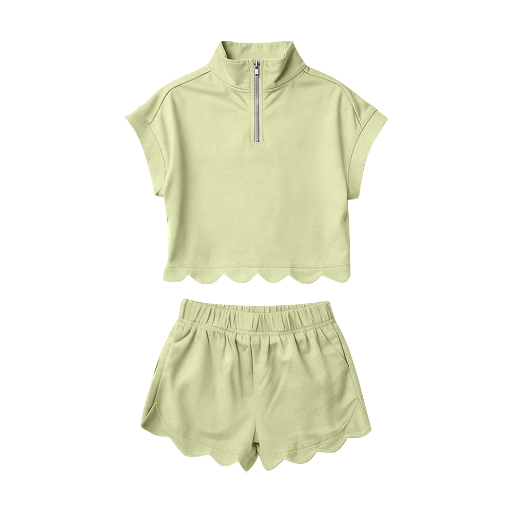 GSSO3375 Preorder Baby Girl Green Zipper Scallop Pullover Top Pockets Short Checked Set