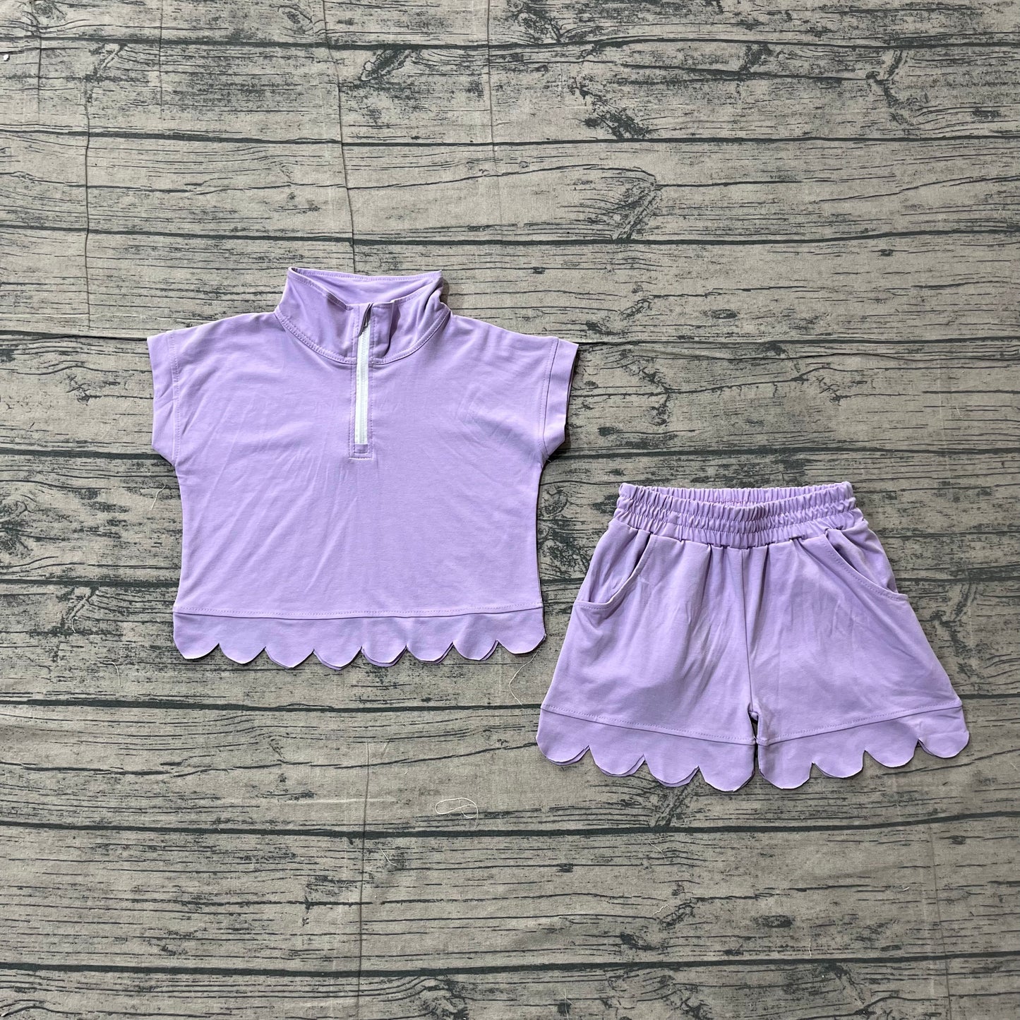 GSSO3377 Preorder Sample Baby Girl Lavender Zipper Scallop Pullover Top Pockets Short Checked Set