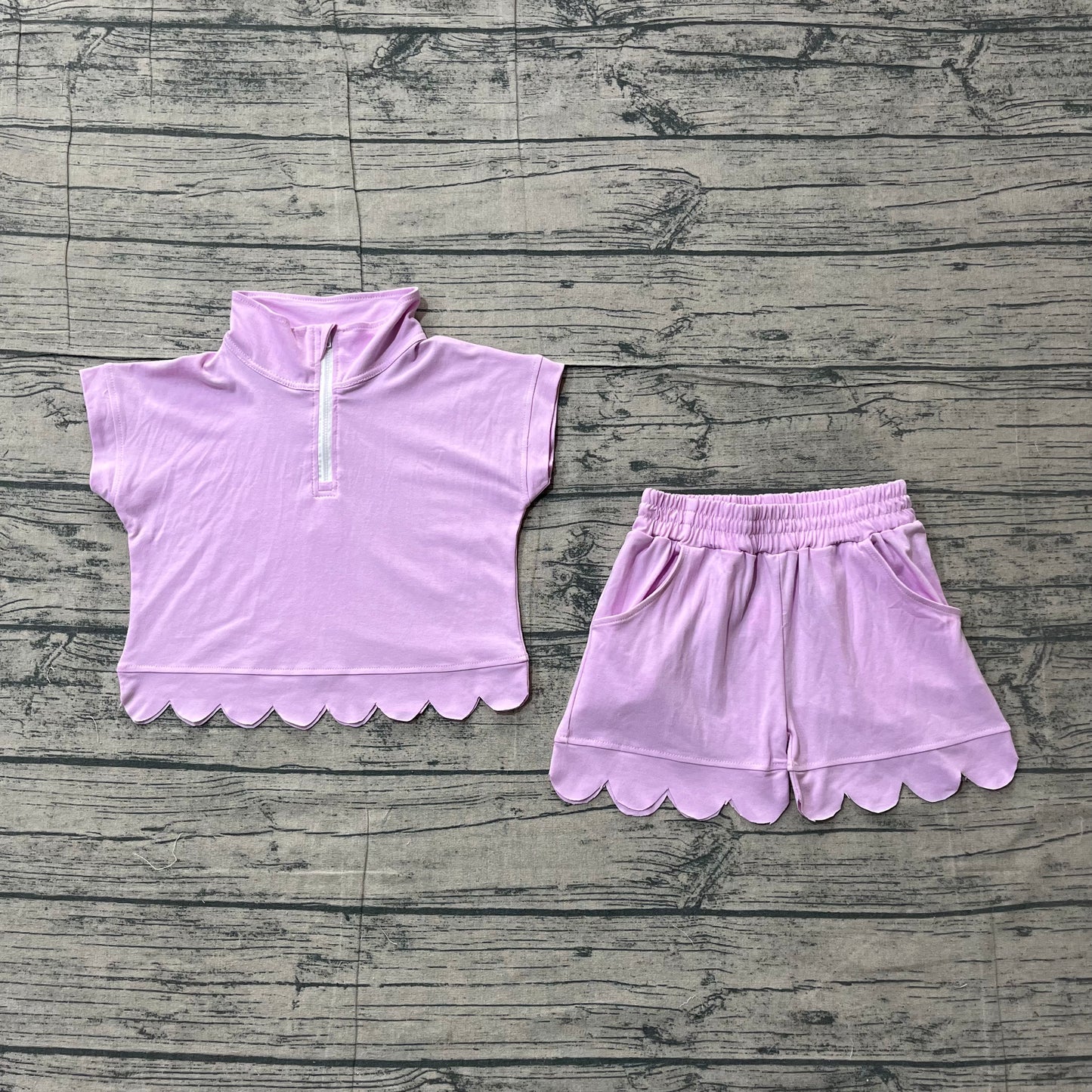 GSSO3378 Preorder Sample Baby Girl Hot Pink Zipper Scallop Pullover Top Pockets Short Checked Set