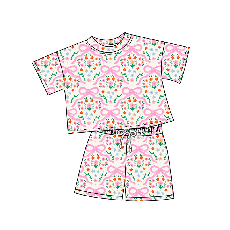 GSSO3379 Preorder Baby Girl Short Sleeve Pink Bows Flowers Top Shorts Clothes Set