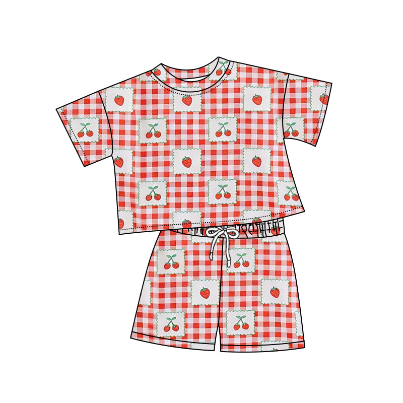 GSSO3380 Preorder Baby Girl Short Sleeve Red Checked Cherry Top Shorts Clothes Set