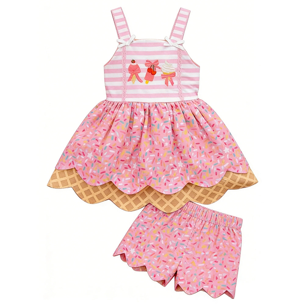 GSSO3382 Preorder Baby Girl Ice Creams Sprinkles Drip Tunic Scallop Shorts Clothes Set