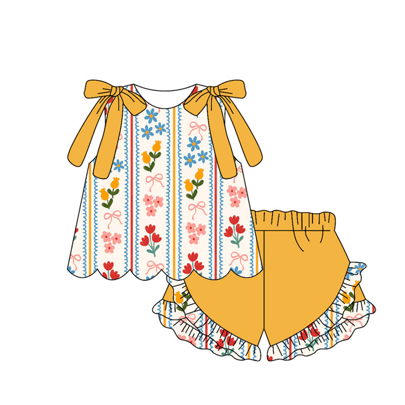 GSSO3388 Preorder Baby Girls Sleeveless Bows Flowers Stripe Tunic Ruffle Shorts Clothes Set