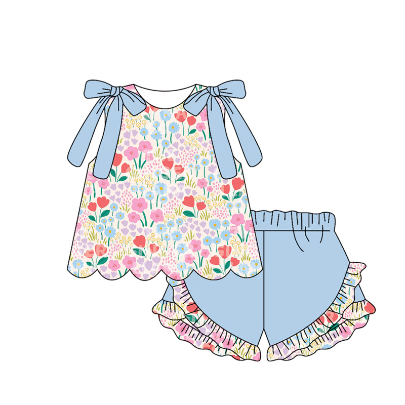 GSSO3390 Preorder Baby Girls Sleeveless Colorful Flowers Tunic Ruffle Shorts Clothes Set