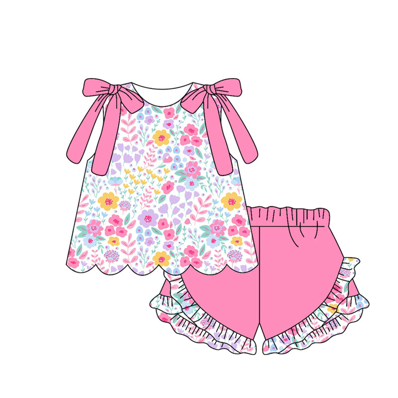 GSSO3391 Preorder Baby Girls Sleeveless Colorful Flowers Tunic Ruffle Shorts Clothes Set
